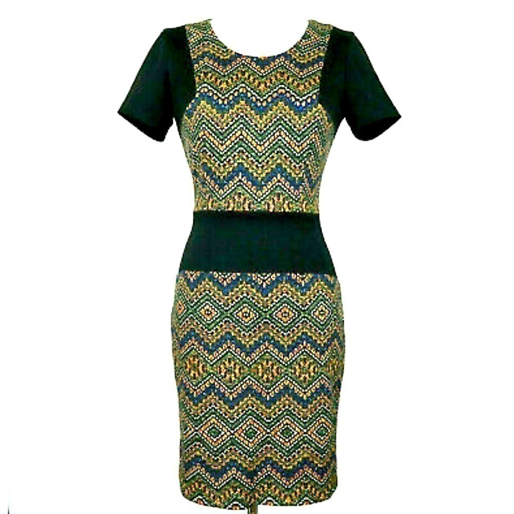 ANDREW MARC Black Multi Zig Zag Tribal Short Sleeve Dress women’s size 4